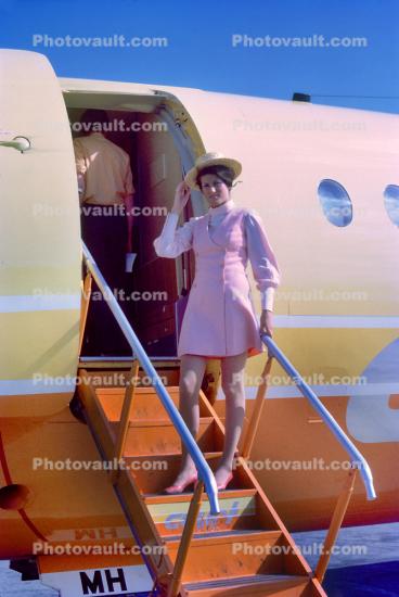 Flight Attendant, Stewardess, Woman, Uniform, Hat, dress, steps, stairs, door, 1960s