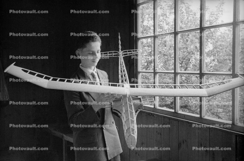 Boy, Model Airplane, Balsawood, 1930's, Glider