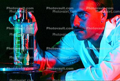 Flask, liquid, hand, gloves, Lab Technician, face