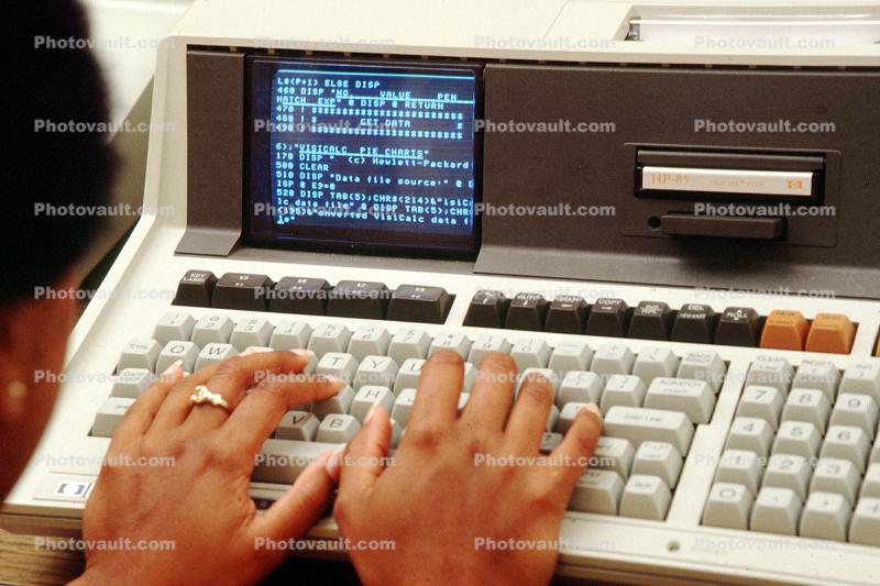 Hewlett Packard HP-85 Desktop Computer, Hand on Keyboard, 80 Series, 18 October 1982, 1980s