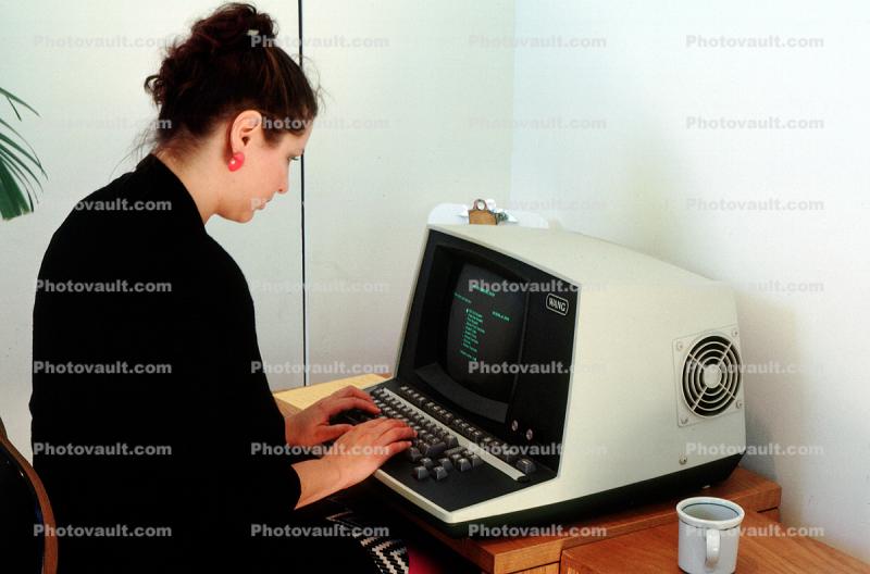 Desktop Computer, Hand on Keyboard, Oldtime, Wang Word Processor, 28 August 1984