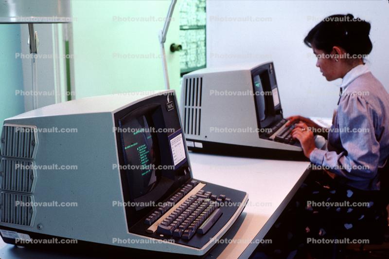 Wang Word Processor Desktop Computer, Woman at Computer, 28 1984, 1980s