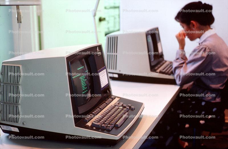 Wang Word Processor Desktop Computer, Woman at Computer, 1980s