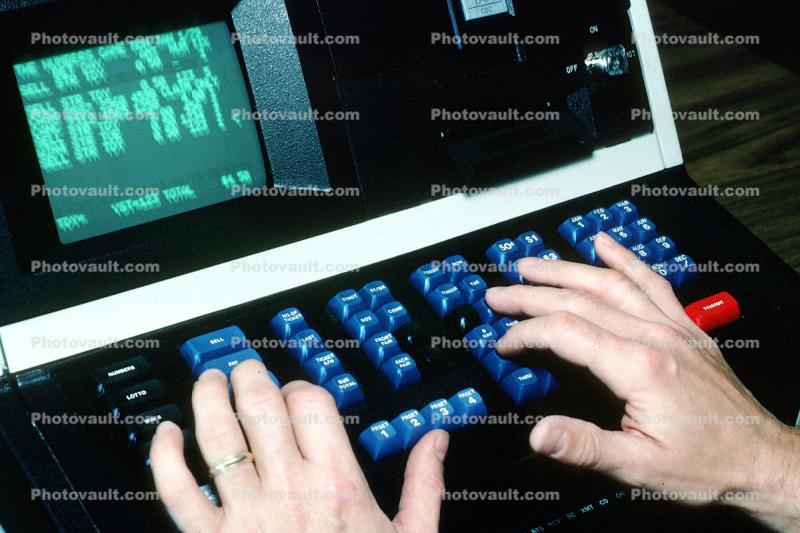 Keyboard, Monitor, Hand on Keyboard, Control Data Lottery ticket computer, old CRT