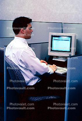 Office, cubicles, Man with Desktop Computer, Hotel Workstations, Office Center, May 1995, 1990's
