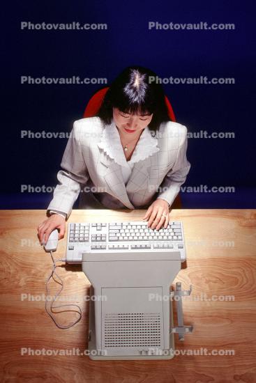 Woman at Desktop Computer, female, keyboard, 1990's