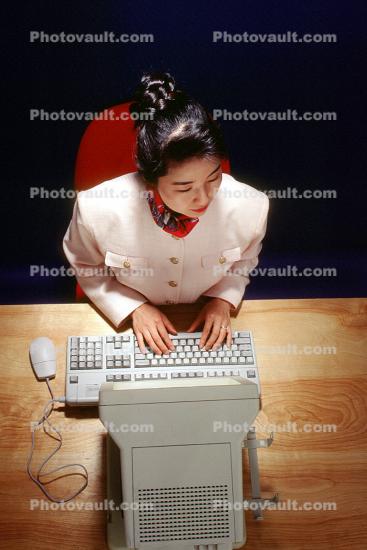 Woman at Desktop Computer, female, keyboard, 1990's