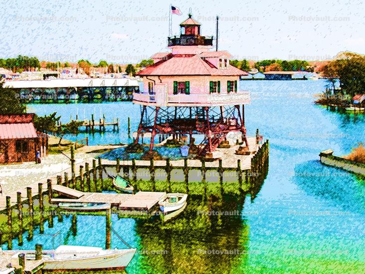 Drum Point Lighthouse, 1883-1962, Solomons, Patuxent River, Maryland, Atlantic Ocean, Eastern Seaboard, East Coast, Calvert Marine Museum, docks, harbor, boats, Screw-Pile-Lighthouse