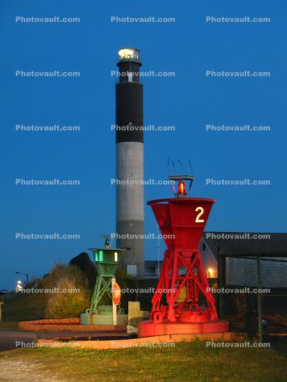 Buoy, Oak Island Lighthouse, south of Wilmington, North Carolina, East Coast, Atlantic Ocean, Eastern Seaboard, Twilight, Dusk, Dawn