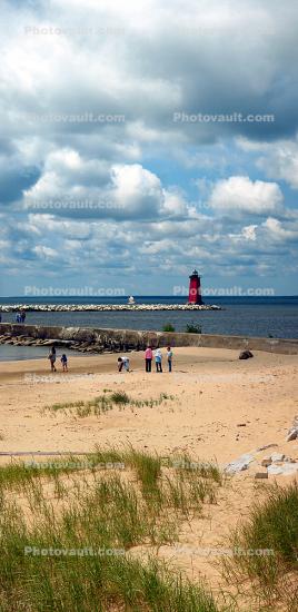 Beach, Sand, Jetty, Manistique East Breakwater Lighthouse, Lake Michigan, Great Lakes, Panorama