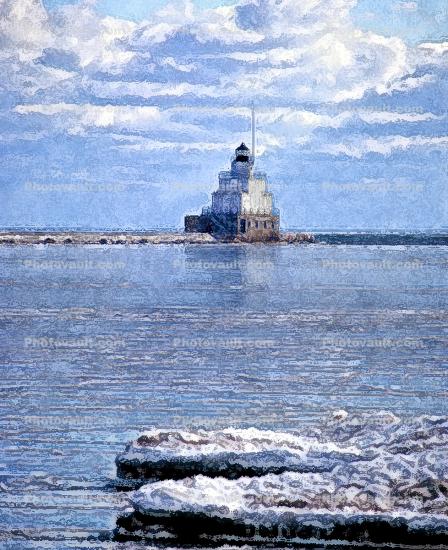 Manitowoc Breakwater Lighthouse, Wisconsin, Lake Michigan, Great Lakes, north breakwater, harbor, ice, snow, cold, clouds