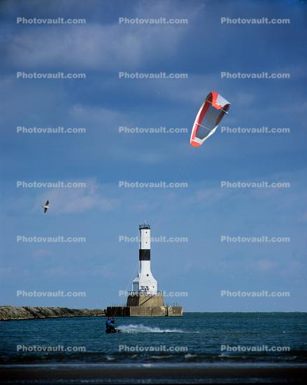 Kite Surfing, Conneaut West Breakwater Lighthouse, Ohio, Lake Erie, Great Lakes