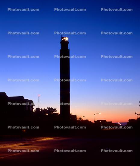 Oak Island Lighthouse, south of Wilmington, North Carolina, East Coast, Atlantic Ocean, Eastern Seaboard, Twilight, Dusk, Dawn