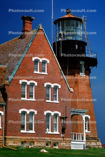 Brick House, Chimneys, Windows, Block Island Southeast Light, Block Island, Rhode Island, Pyramidal Tower with Black Lantern, Red Brick House, East Coast, Atlantic Seaboard