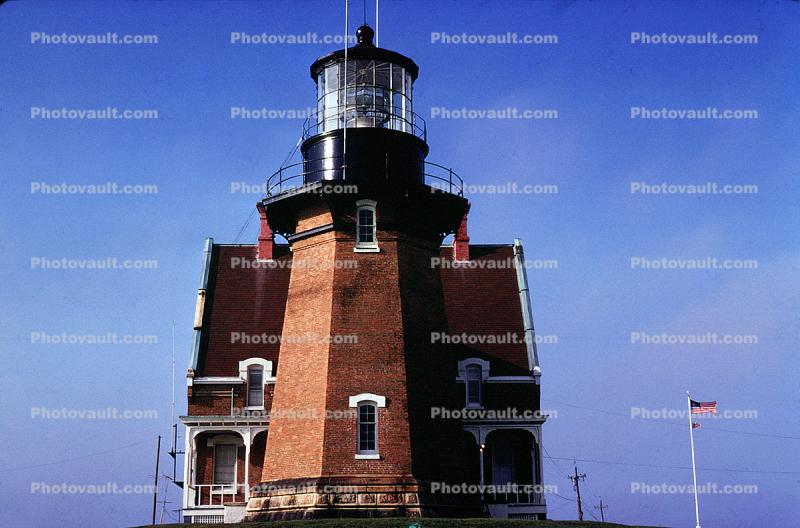 Red Brick Lighthouse, Chimneys, Windows, Block Island Southeast Light, Block Island, Rhode Island, Pyramidal Tower with Black Lantern, Red Brick House, East Coast, Atlantic Seaboard