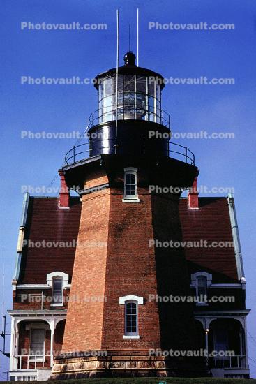 Block Island Southeast Light, Block Island, Rhode Island, Pyramidal Tower with Black Lantern, Red Brick House, Chimneys, Windows, East Coast, Atlantic Seaboard