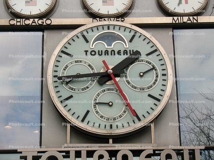 Clock, Round, Circular, Circle, outdoor, outside, exterior, building, Tourneau