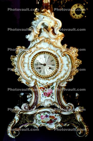 Ornate Clock, porcelin, rococo, roman numerals, gold leaf, opulent