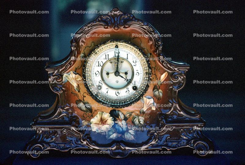 Ornate Clock, flower, morning glories, Round, Circular, Circle