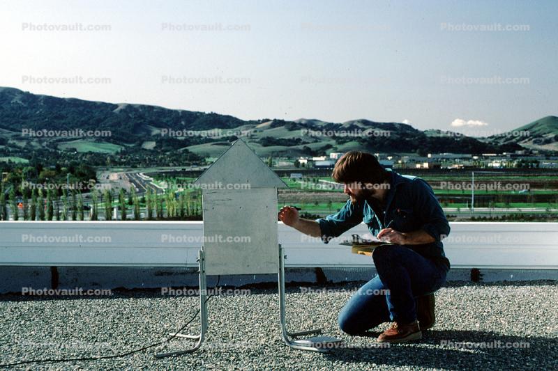 Environmental Monitoring Station, Man, Rooftop, hills