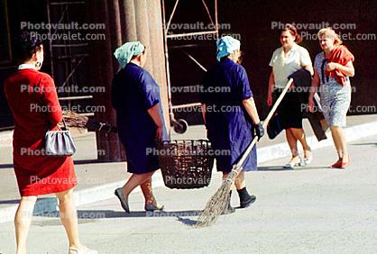 Women, walking, broom, sweepers