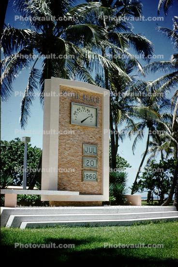 Miami Beach Thermometer, landmark, palm trees, July 20, 1960, 1960s