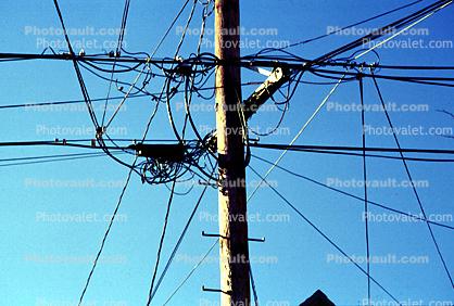 tangled mess of cables, pole, Transmission Lines, Powerline, Powerpole