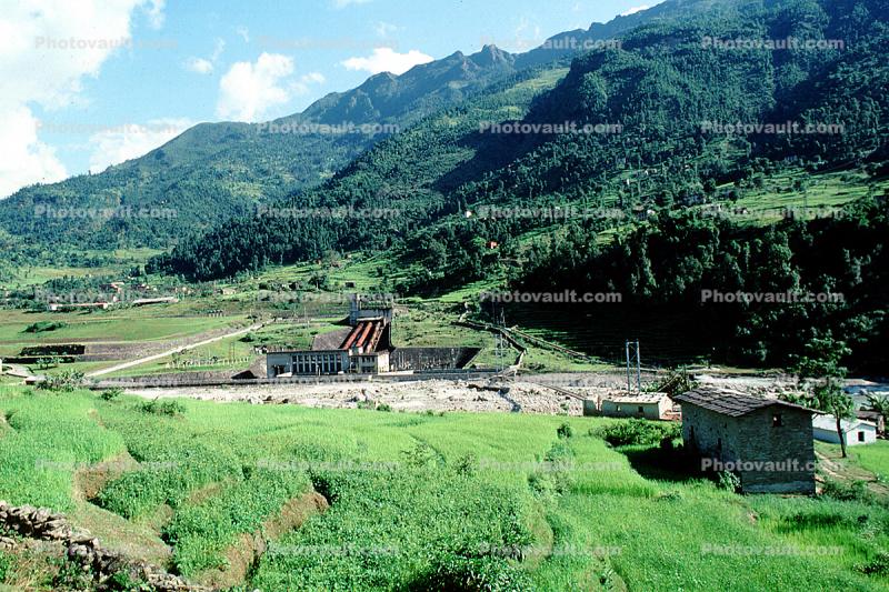 Hills, mountains, irrigation pumps, rice fields, Araniko Highway, Nepal