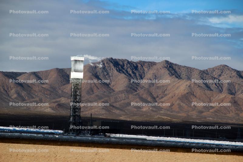 Ivanpah Solar Electric Generating System, facility, Boiler Towers, surrounded by sun-tracking mirrors, San Bernardino County, California, Mojave Desert, Mountains, 2016