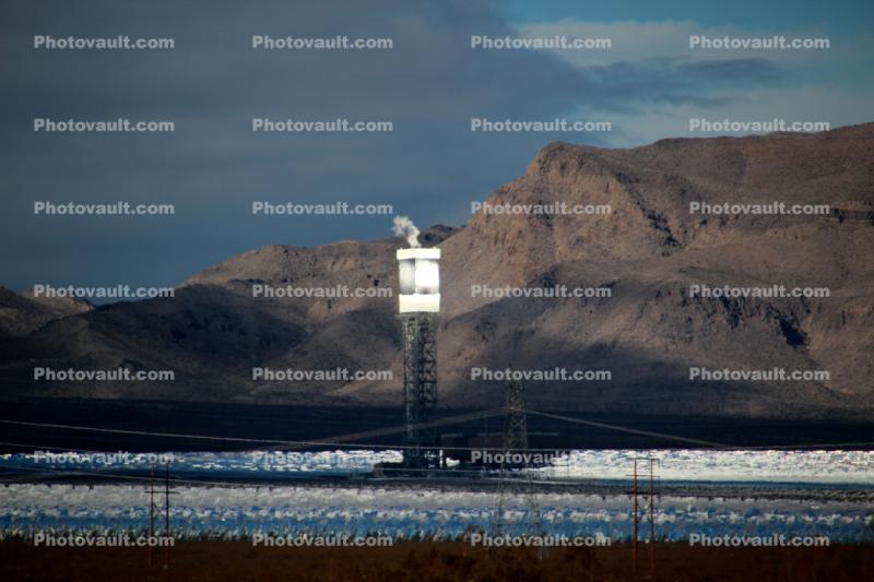 Ivanpah Solar Electric Generating System, Boiler Towers, facility, surrounded by sun-tracking mirrors, San Bernardino County, California, Mojave Desert, 2016