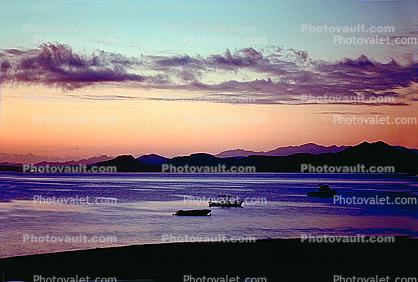 sunrise, clouds, mountains, Sea of Cortez, Los Barriles, boat, Mexico