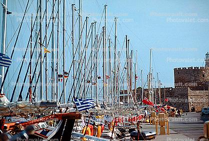 Rhodes Harbor, docks, castle, mast
