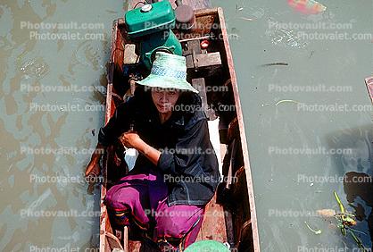 Boat market, woman, hat, outboard motor, Bangkok