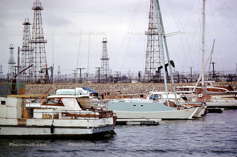 Oil Derricks, docks, Oil Fields, Extraction, Rig, 1950s