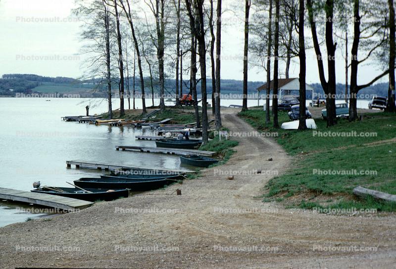 Campsite, Docks, Boats, dirt road, Lake, cars, 1950s