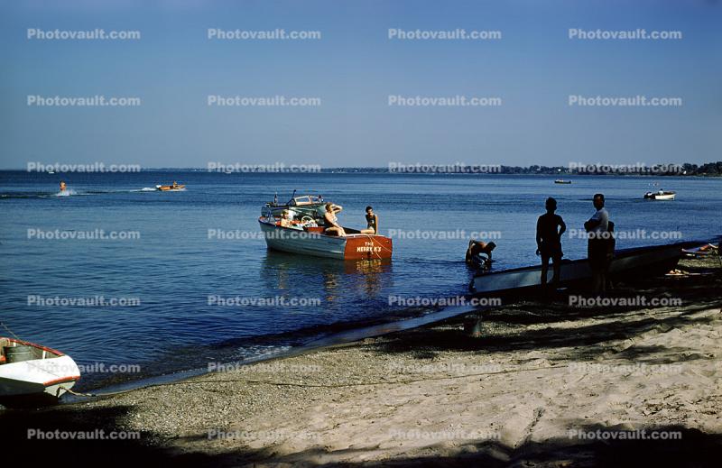 Beach, boat, sand, lake, 1950s