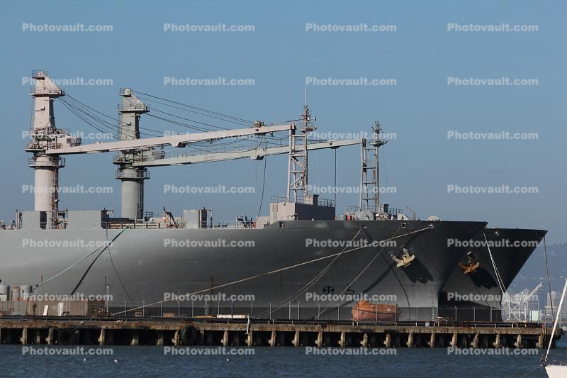 Ship Bow, Anchor, Cranes, MV Cape Hudson (T-AKR 5066), Cape H Class Roll-on/Roll-off ship, Ro-Ro, Pier 60, San Francisco
