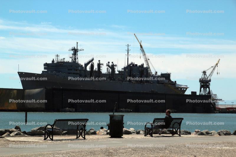 Waterfront, bench, Navy Ship, USNS Rainier (T-AOE-7), fast combat support ship, Supply class