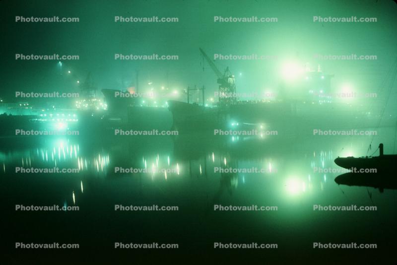 Floating Drydock, night, nighttime, foggy, lights