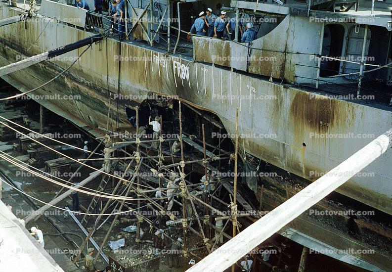Hole in the Hull, scaffolding, USS Burton Mine Damage, Yokosuka Japan