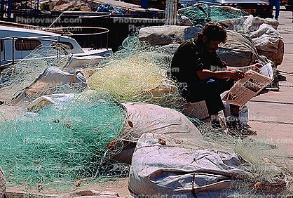 Man Reading Newspaper, Harbor, Dock, Fishing Net, harbour, Acre, Israel, Akko