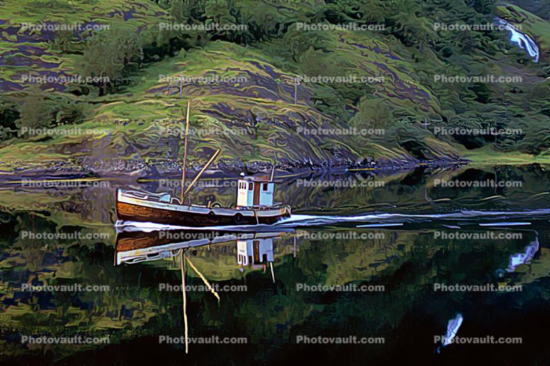 Small fishing trawler on a calm reflective Fjord, Paintography, Abstract