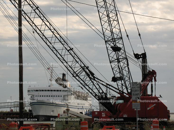 Texas Treasure cruiseship, Galveston Harbor, cranes, docks, Texas Treasure, IMO: 6810897