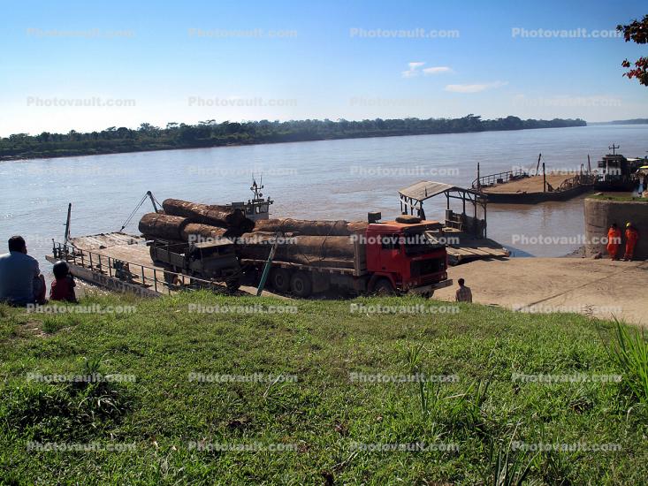 Logging Truck, deforestation, Ferryboat, Puerto Maldonado, Amazon, Peru