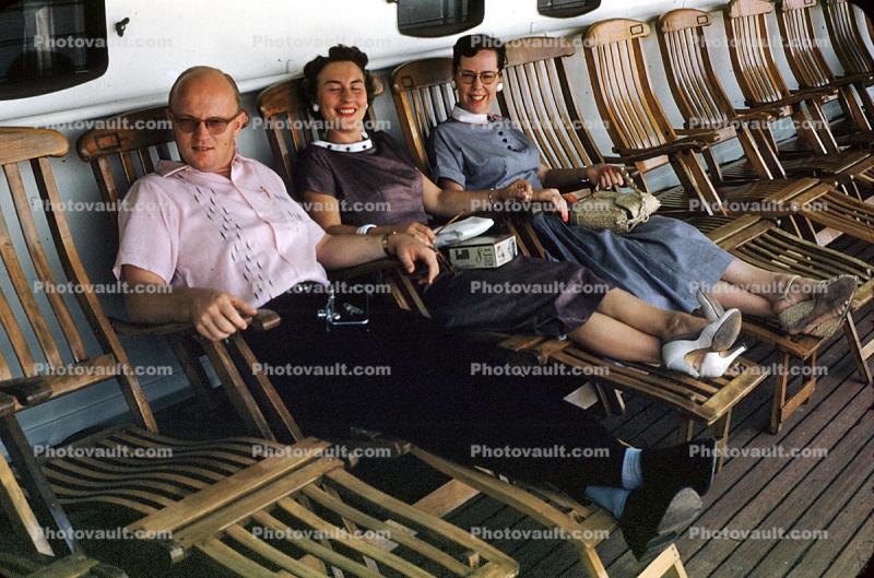 Woman, Man, Smiles, Lounging, Lounge Chairs, Cruise Ship, 1940s