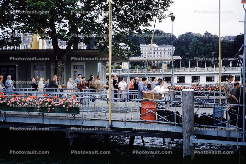 Pier, dock, flowers, Lake Geneva, 1950s