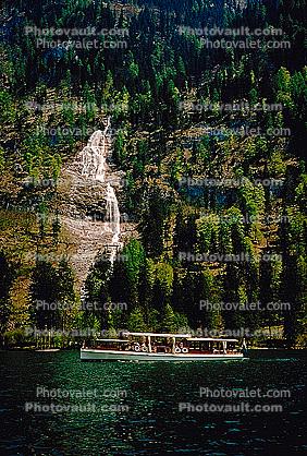 Waterfall, Lake, Boat, Forest, steep mountain, near Berchtesgaden, Bavaria, 1950s
