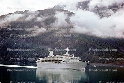Sun Princess, cruise ship, reflection, hills, clouds, Glacier Bay, 1950s