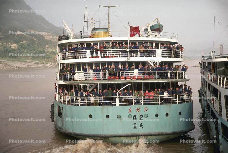 Rear view of a ferry boat, Ferry, Ferryboat, Yangtze River, 1950s