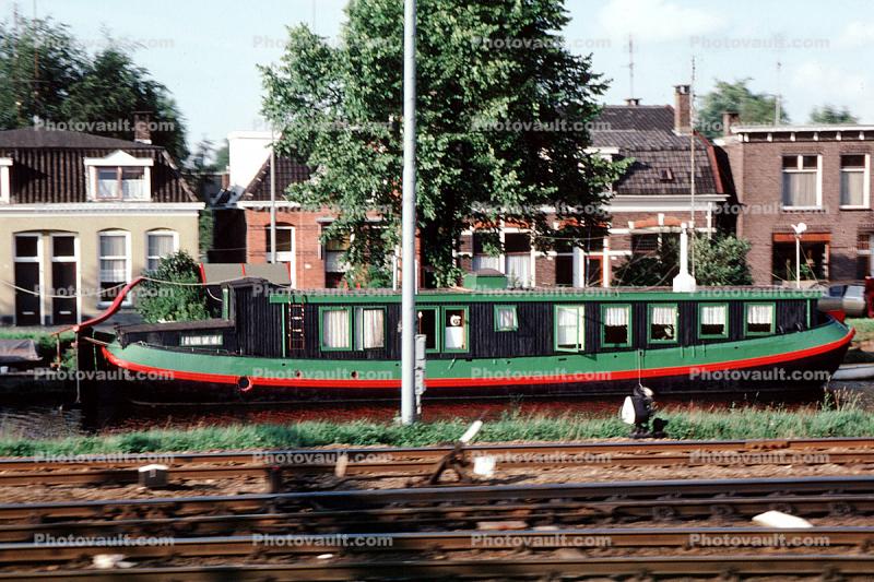 Canal Boat, homes, houses, railroad tracks, 1950s